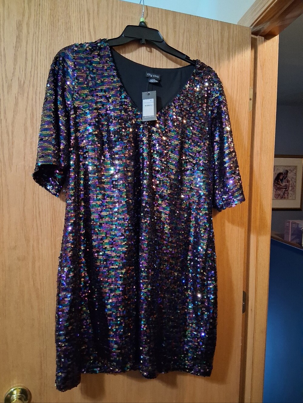 City Chic Sequin Glam Dress in the color Electric Multi., Large, Some Stretch
